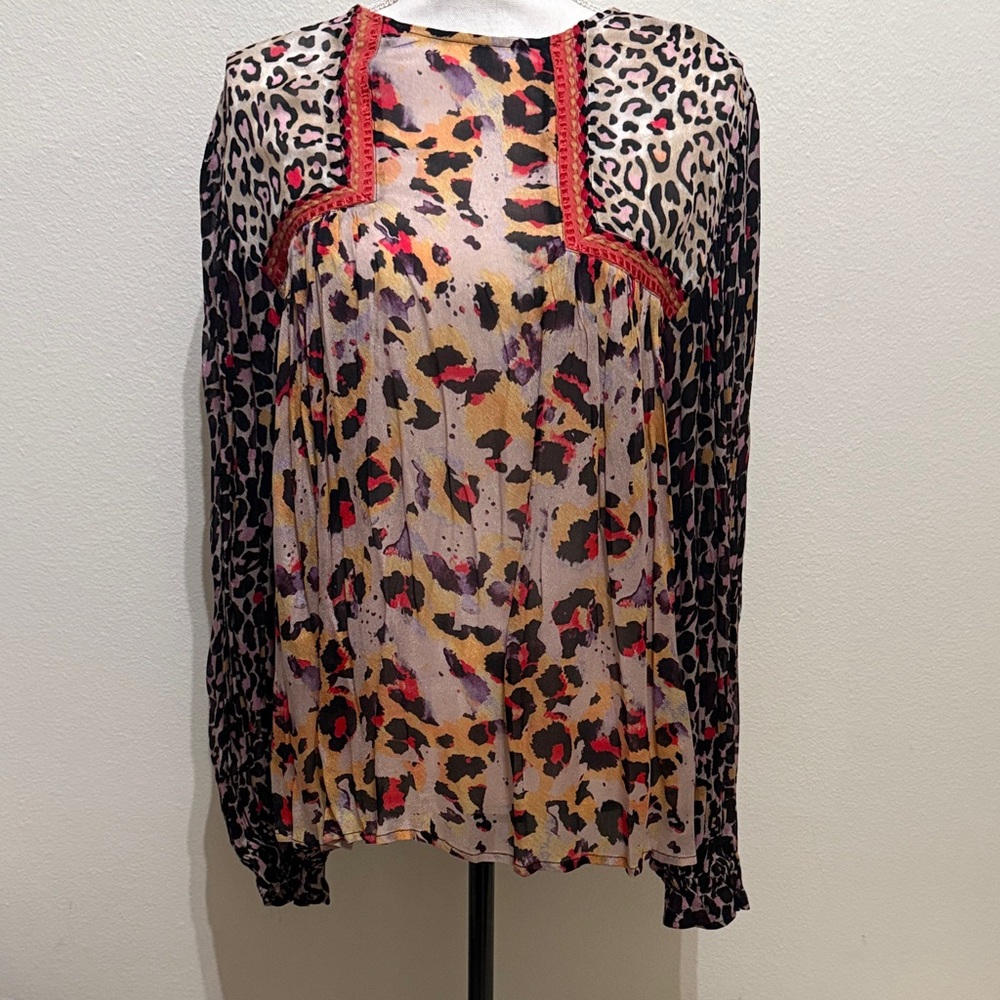 Anthropologie Multicolor Animal Print Blouse with Red Accents